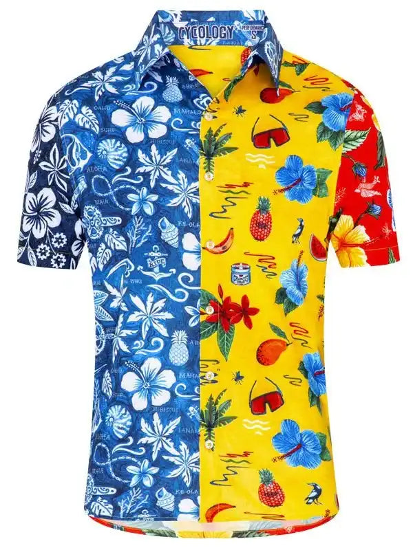 Colorful tropical print cycling shirt with hibiscus, pineapples, and beach motifs for men's summer rides