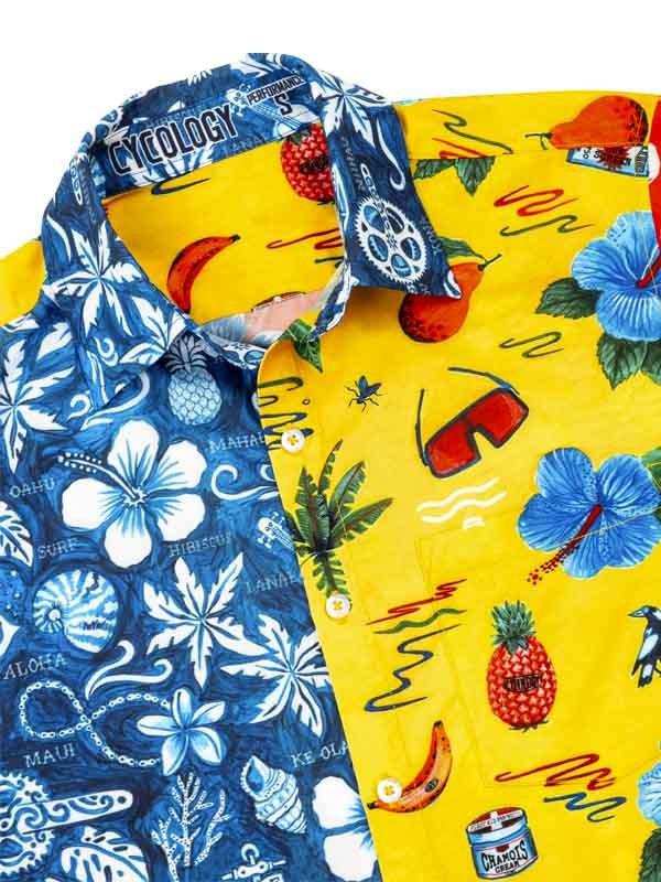 Men's tropical cycling shirt with pineapple, hibiscus, and surf graphics in vibrant yellow and blue