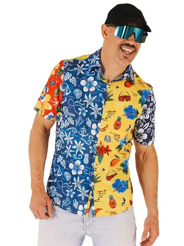 Man wearing colorful tropical print cycling shirt with floral and fruit patterns, ideal for summer rides.