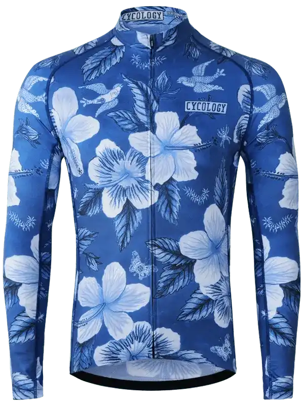 Blue floral cycling jersey with white hibiscus flowers and birds, long-sleeve design for men or women