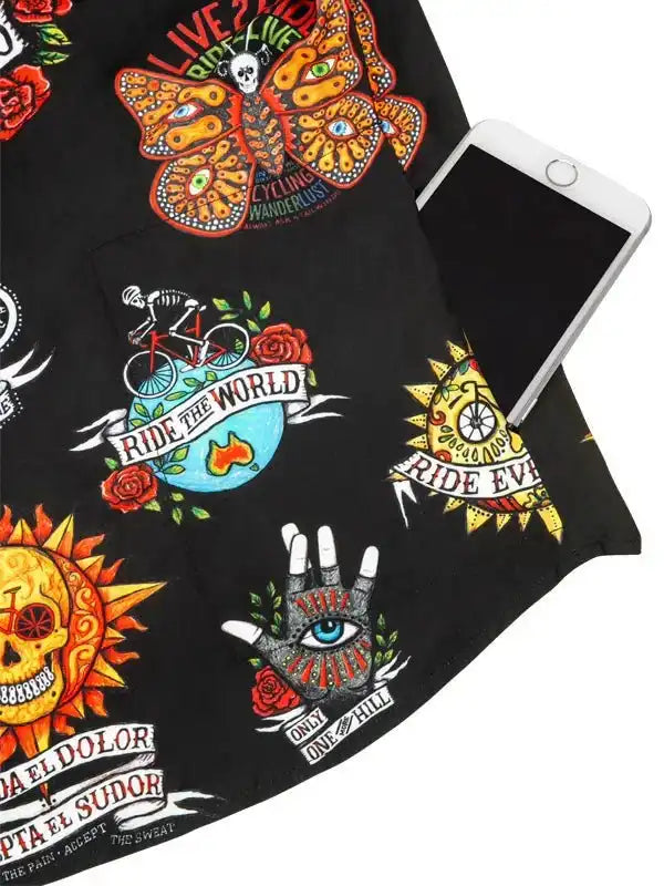 Black cycling jersey with vibrant tattoo-style graphics, including skulls, butterflies, and 'Ride the World' text.