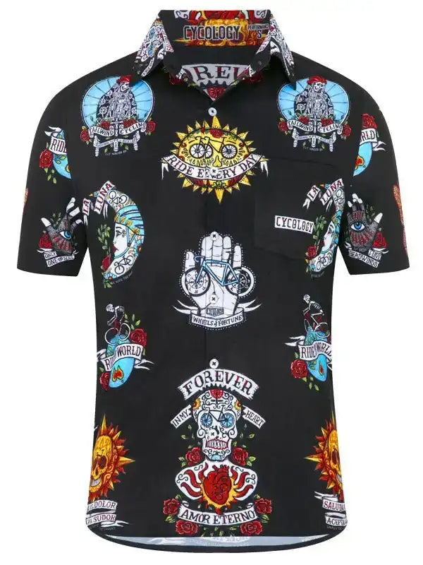Black short-sleeve cycling shirt with bold tattoo-style graphics, skulls, roses, and bike motifs for men