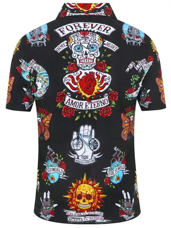 Black short-sleeve cycling shirt with vibrant skull, rose, and bike tattoo graphics, bold 'Forever' and 'Amor Eterno' text.