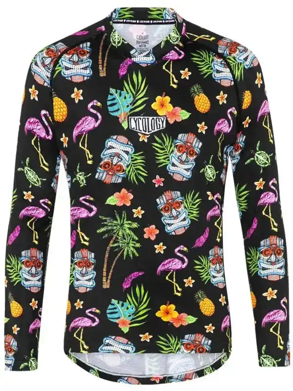 Men's tropical print cycling jersey with flamingos, pineapples, and tiki masks on black background