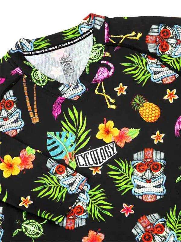 Black tropical cycling jersey with flamingos, pineapples, hibiscus, and tiki skulls for men and women