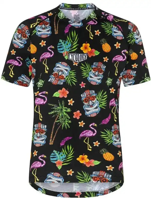 Men's tropical cycling jersey with flamingos, pineapples, and tiki masks on black background