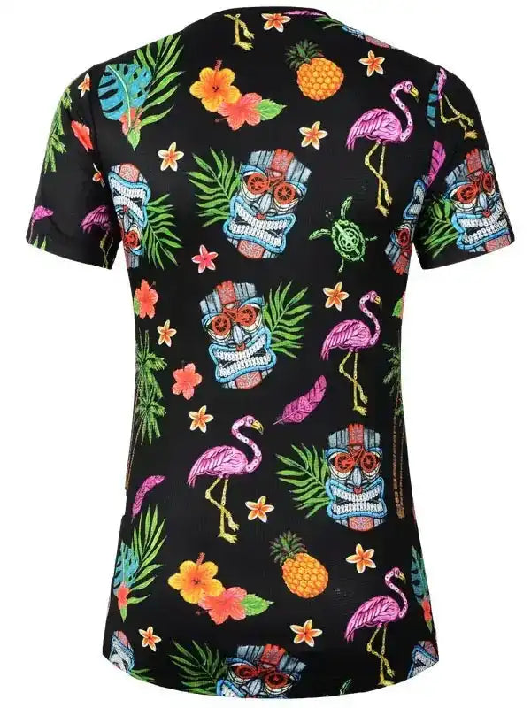 Tropical print cycling jersey with flamingos, pineapples, and tiki masks on black fabric