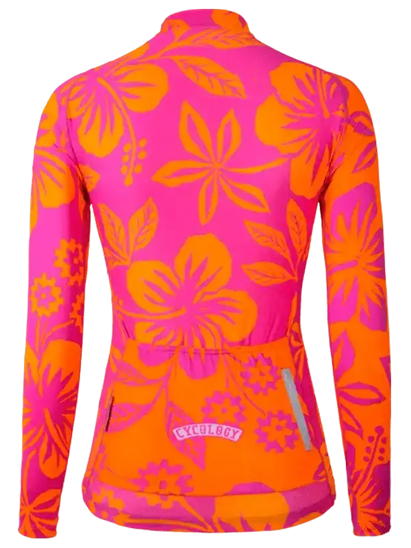Vibrant pink and orange floral women's cycling jersey with back pockets and reflective details