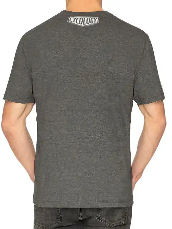 Men's dark gray cycling t-shirt with 'CYCOLOGY' logo on back, casual fit for active wear