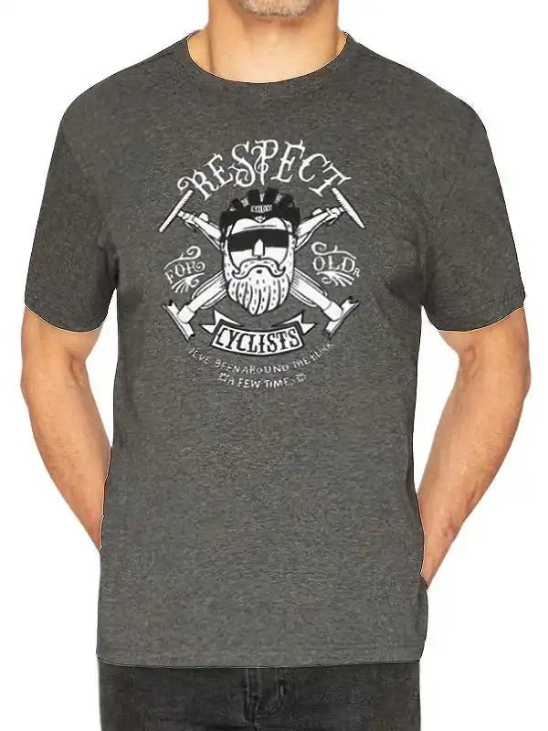 Men's cycling t-shirt with 'Respect for Old Cyclists' graphic design, featuring bearded cyclist and crossed bikes.