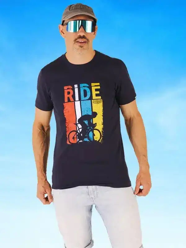 Man wearing cycling t-shirt with 'RIDE' graphic and cyclist design, ideal for bike enthusiasts