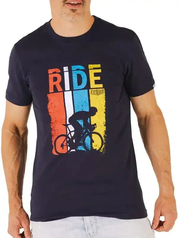 Men's cycling t-shirt with 'RIDE' graphic and cyclist silhouette in colorful stripes