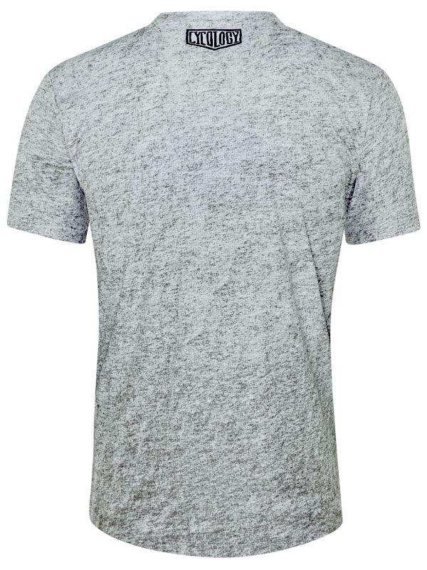 Gray heather cycling t-shirt with small logo on back, ideal for men's and women's rides