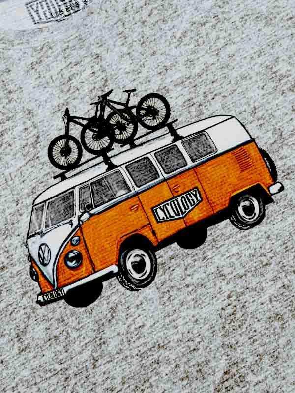 Cycling-themed t-shirt with vintage van and bikes graphic design