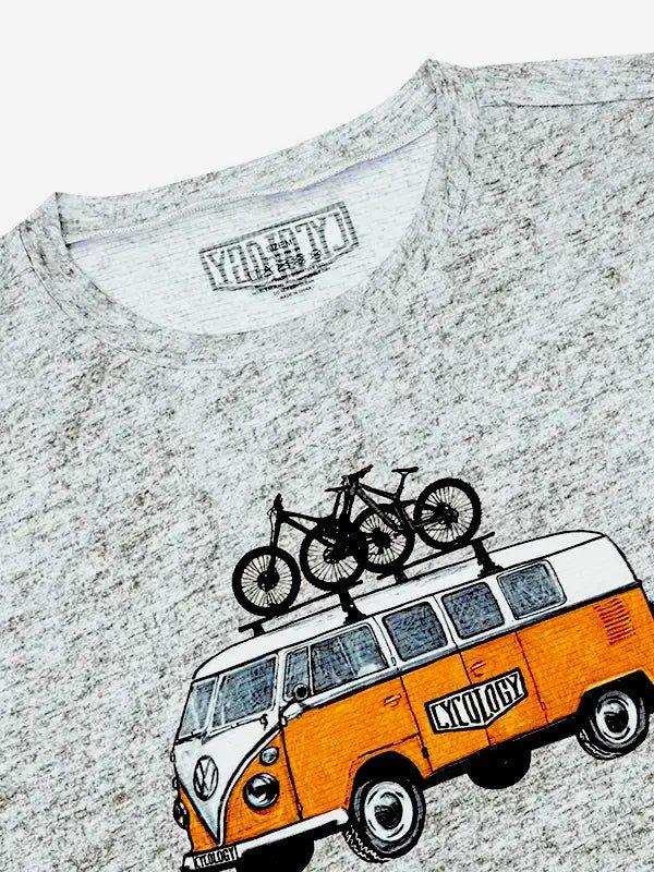 Grey cycling t-shirt with vintage van and mountain bikes graphic, ideal for bike lovers and outdoor adventures.