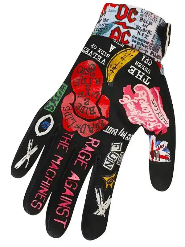 Black cycling glove with bold graphic prints, band logos, and punk-style text for men's and women's bike wear.