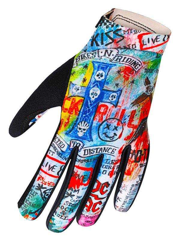 Colorful graffiti-style cycling glove with skull and text designs for men and women