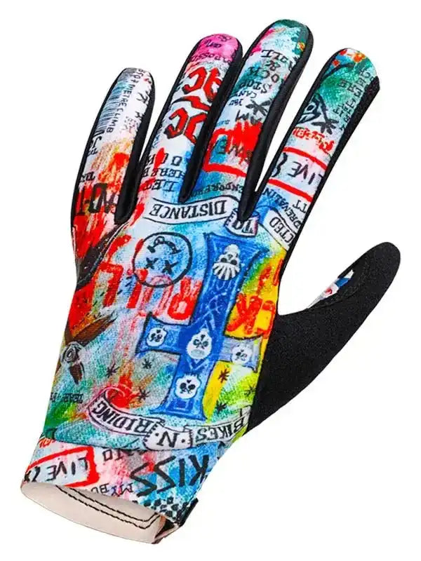Colorful graffiti-style cycling glove with bold graphics and black palm grip for men and women