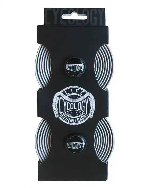 Cycology bike handlebar tape in black packaging with 'Life Behind Bars' design, ideal for cycling enthusiasts.
