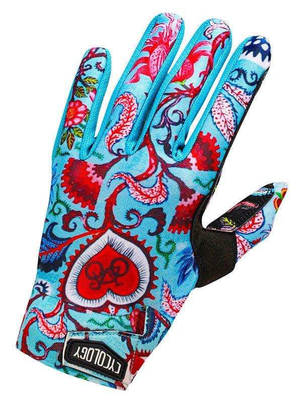 Colorful cycling glove with floral paisley design, red heart logo, and black palm grip for men and women