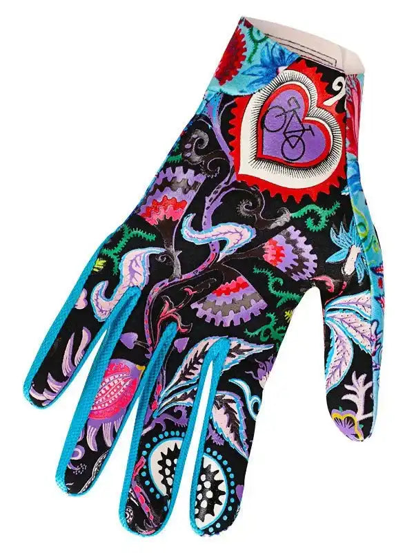 Colorful cycling glove with heart & bike print, vibrant paisley design for women's or men's bike rides