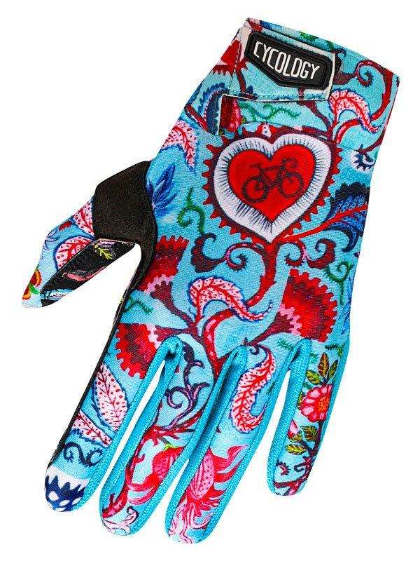 Colorful cycling glove with heart and bike design, breathable fabric, ideal for men and women riders