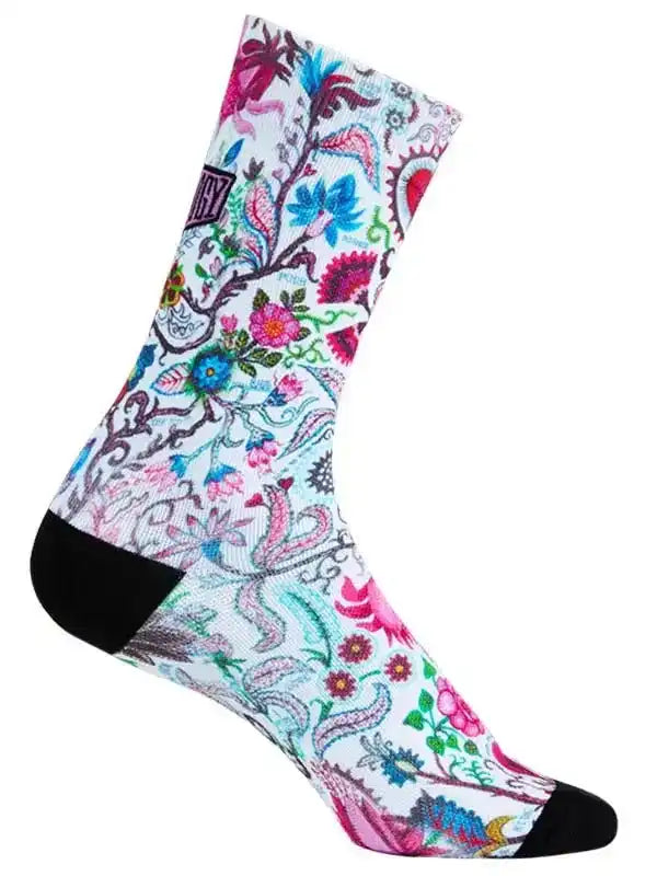 Colorful floral cycling sock with black toe and heel, perfect for bike rides and athletic wear.