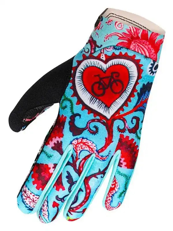 Colorful cycling glove with heart and bike design, ideal for men's and women's bike rides
