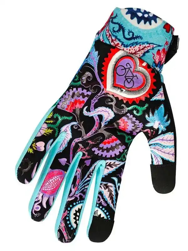 Colorful cycling glove with floral and gear pattern, touchscreen tips, heart with bike design