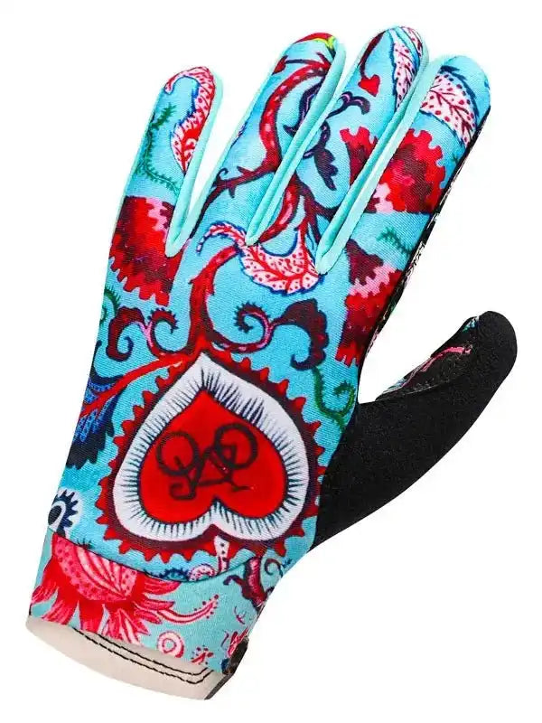 Colorful cycling glove with red heart and paisley design, breathable fabric for men and women