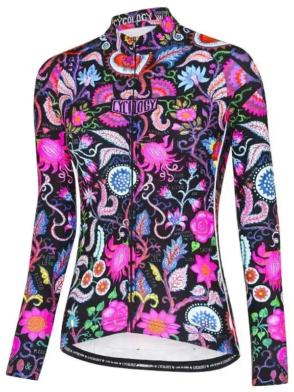 Women's long sleeve cycling jersey with vibrant floral pattern and full zip, ideal for road biking.
