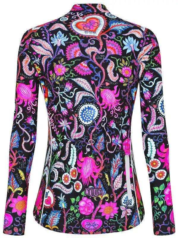Women's long sleeve cycling jersey with vibrant floral and heart pattern, high-quality fabric design