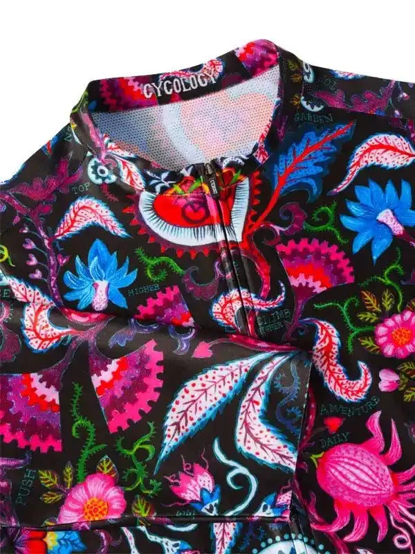 Vibrant floral and gear pattern cycling jersey with full zipper, ideal for men's and women's bike rides