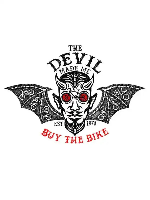 Devil graphic with wings and bikes, 'The Devil Made Me Buy The Bike' cycling apparel design