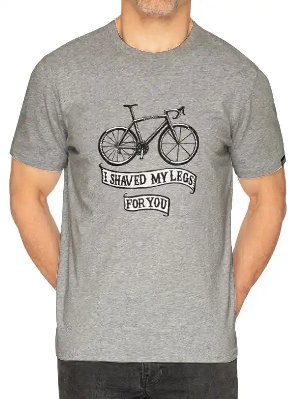 Men's gray cycling t-shirt with bike graphic and 'I shaved my legs for you' text
