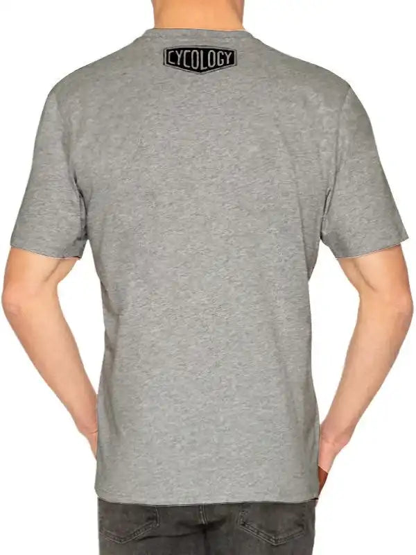 Men's gray cycling t-shirt with Cycology logo on back, casual fit for active lifestyle