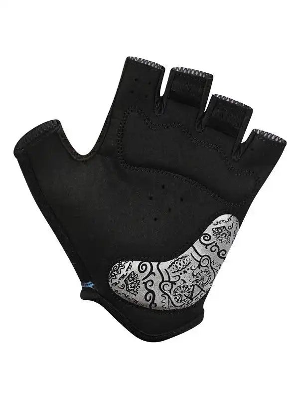 Black fingerless cycling glove with silver paisley palm design for men and women