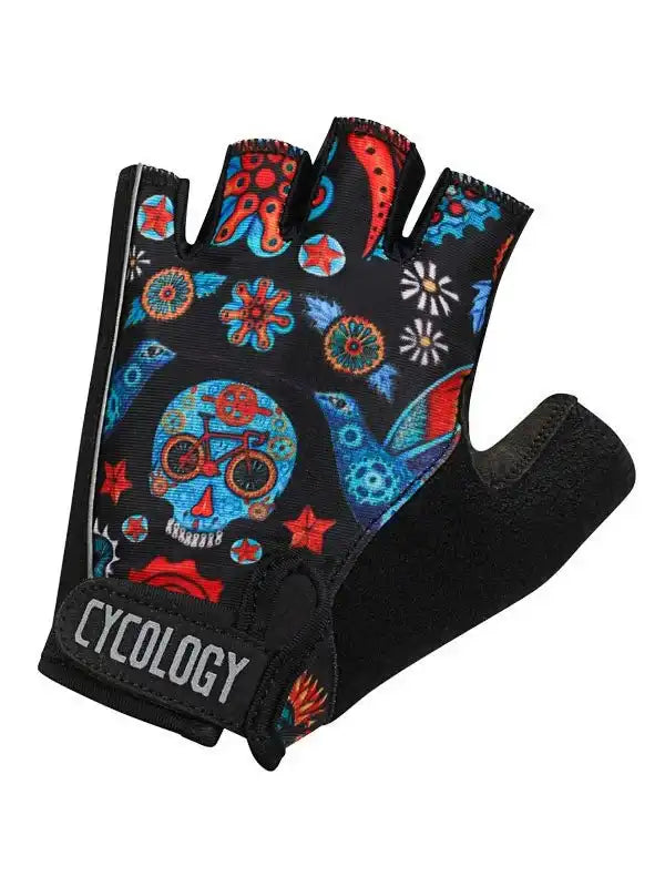 Cycology cycling glove with colorful sugar skull and bird print, fingerless design for men and women