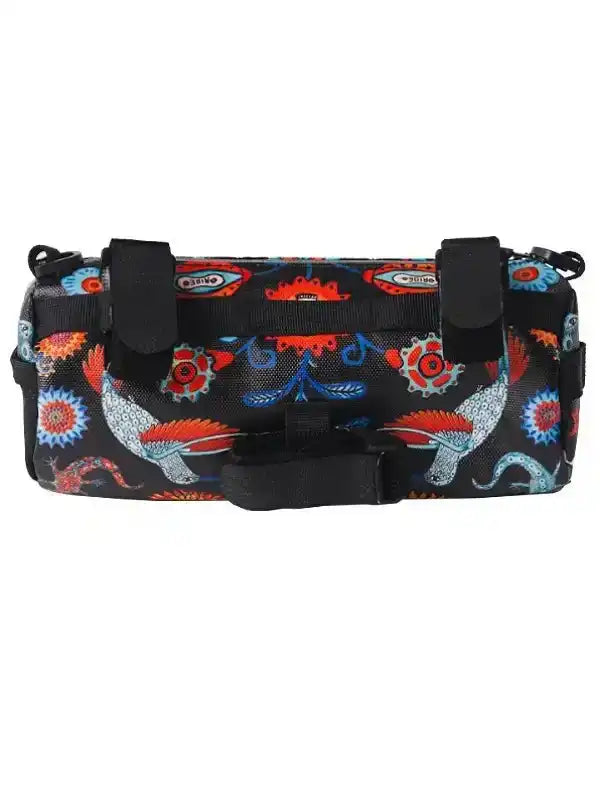 Colorful patterned cycling frame bag with black straps and buckles for bike storage
