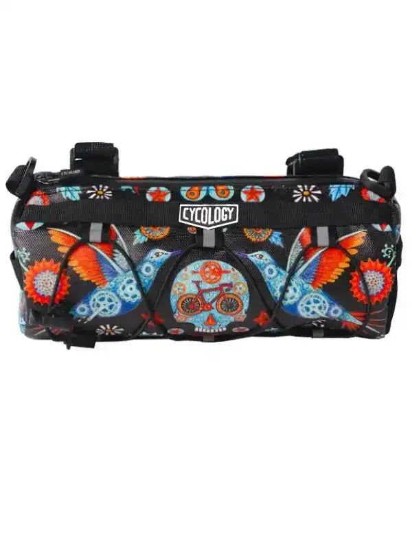 Cycology bike frame bag with colorful bird and gear pattern, ideal for cycling gear storage
