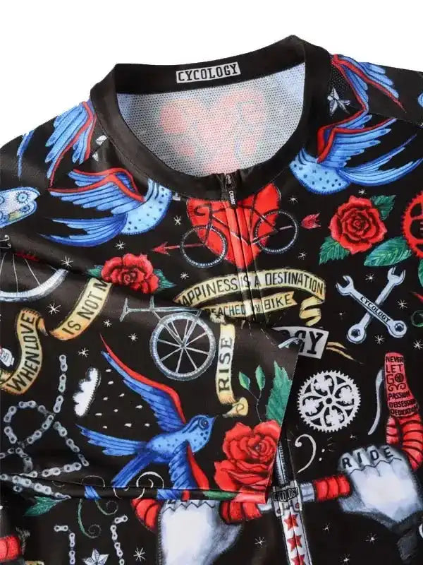 Men's cycling jersey with tattoo-style birds, roses, and bike graphics on black fabric