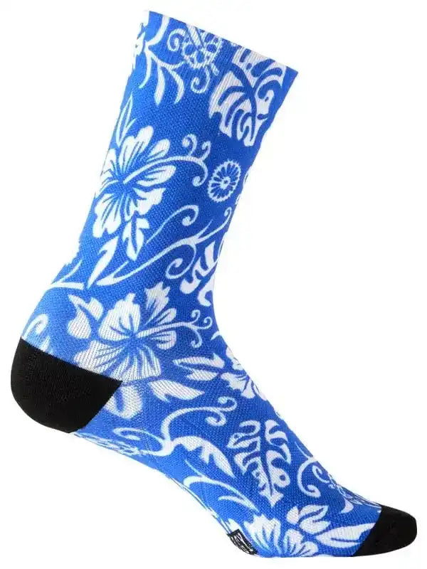 Blue cycling sock with white floral pattern, black toe and heel, breathable fabric for bike rides