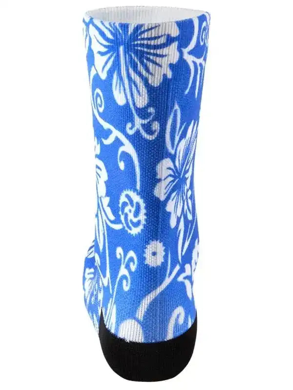 Blue cycling sock with white floral pattern, black toe, breathable fabric for men and women