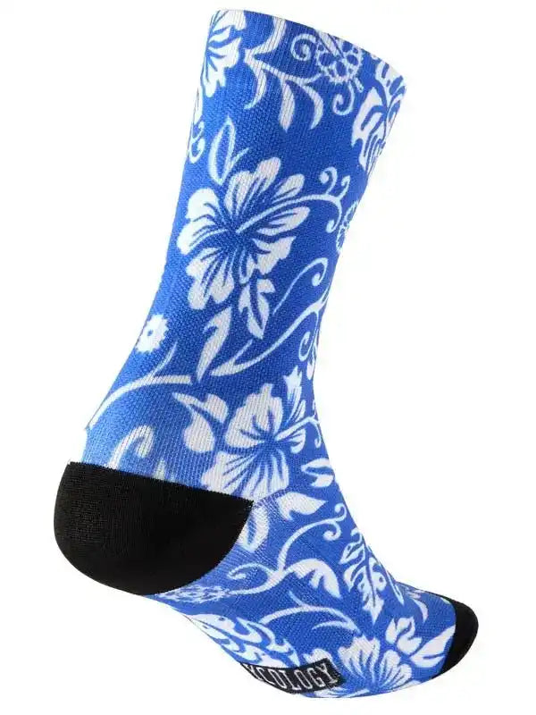 Blue cycling sock with white floral pattern, black heel and toe, for men's and women's bike rides