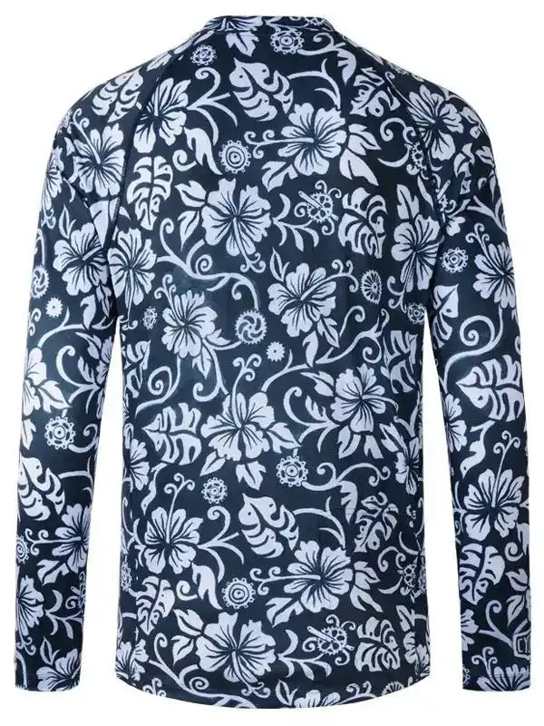 Men's long sleeve cycling jersey with white floral pattern on navy blue, breathable fabric for bike rides