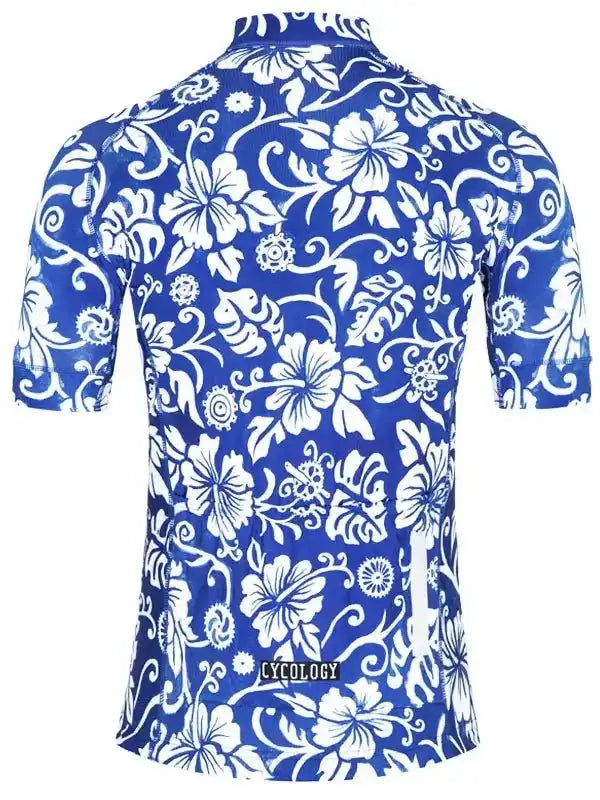 Blue and white floral cycling jersey with short sleeves and back logo