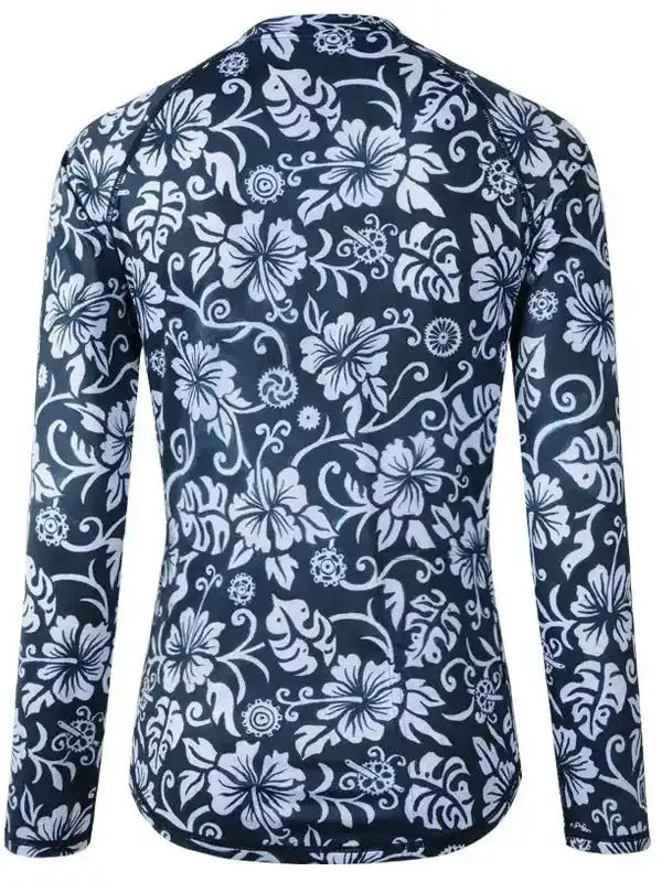 Women's long sleeve cycling jersey with white floral pattern on navy blue, breathable fabric for bike rides