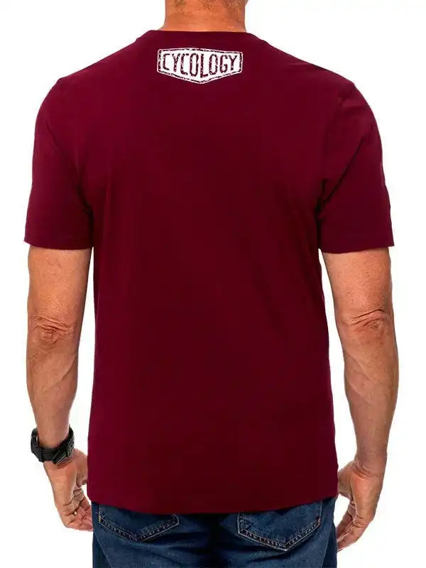 Maroon men's cycling t-shirt with 'Cycology' logo on back, casual fit for active wear