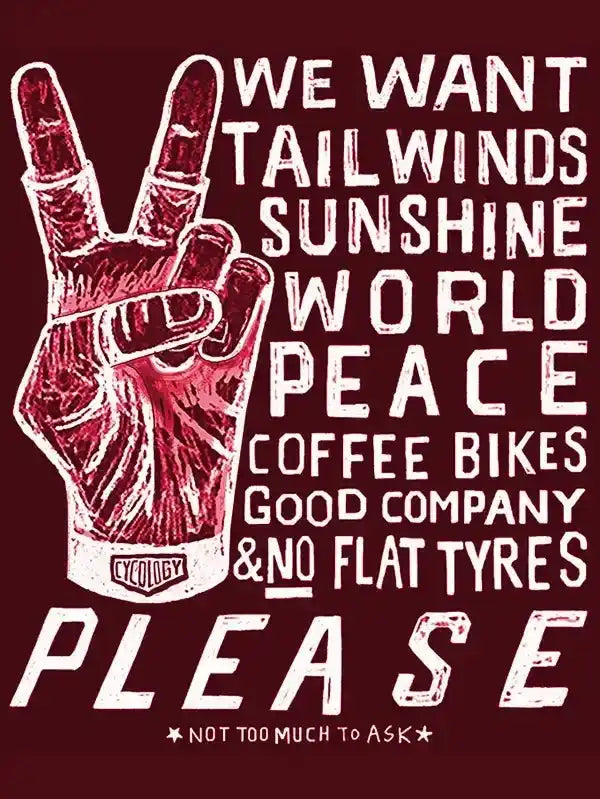 Cycling apparel graphic with peace sign, 'Tailwinds, Sunshine, Peace, Coffee Bikes' text, and 'No Flat Tyres' slogan