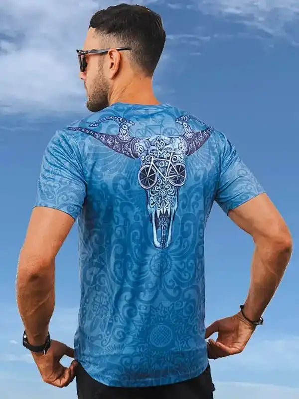 Men's blue cycling jersey with bull skull and bike graphic, ideal for road biking adventures
